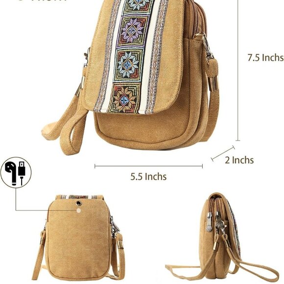 Embroidery Canvas Crossbody Bag Cell phone Pouch Coin Purse for Women - Picture 3 of 7